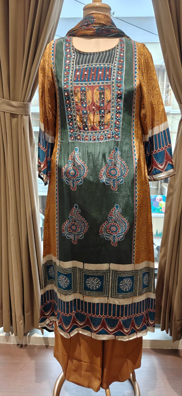 Butter Shine Gajji Silk Fabric Abstract Ajrakh Print Full Suit Set With Dupatta- 15624, 15621