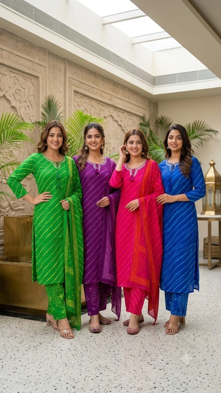 Traditional Leheriya Pattern Embellished V-Neck Ethnic Cotton Full Suit Set With Dupatta- 15561, 15560
