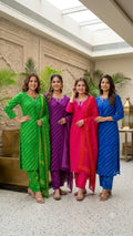 Traditional Leheriya Pattern Embellished V-Neck Ethnic Cotton Full Suit Set With Dupatta- 15561, 15560