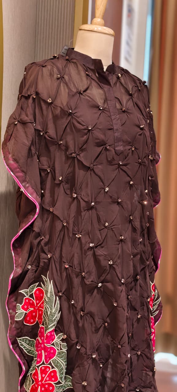 Pin-tucks Hand-Embellished Textured Floral Embroidery Kaftan Style Indo-Wear With Matching Bottom- 15538