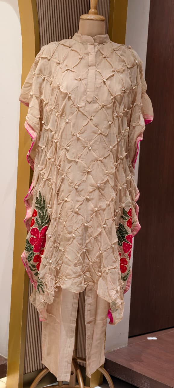 Pin-tucks Hand-Embellished Textured Floral Embroidery Kaftan Style Indo-Wear With Matching Bottom- 15538
