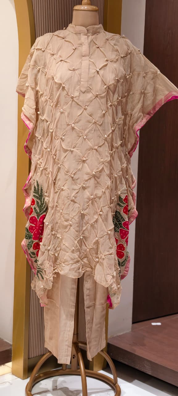 Pin-tucks Hand-Embellished Textured Floral Embroidery Kaftan Style Indo-Wear With Matching Bottom- 15538