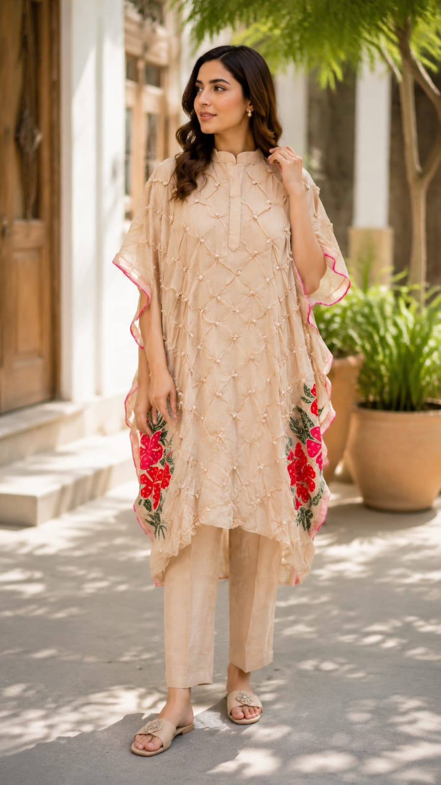 Pin-tucks Hand-Embellished Textured Floral Embroidery Kaftan Style Indo-Wear With Matching Bottom- 15538