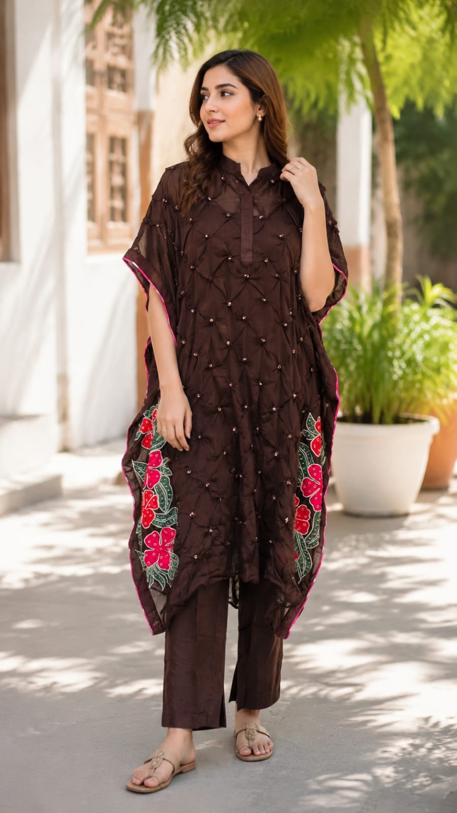 Pin-tucks Hand-Embellished Textured Floral Embroidery Kaftan Style Indo-Wear With Matching Bottom- 15538