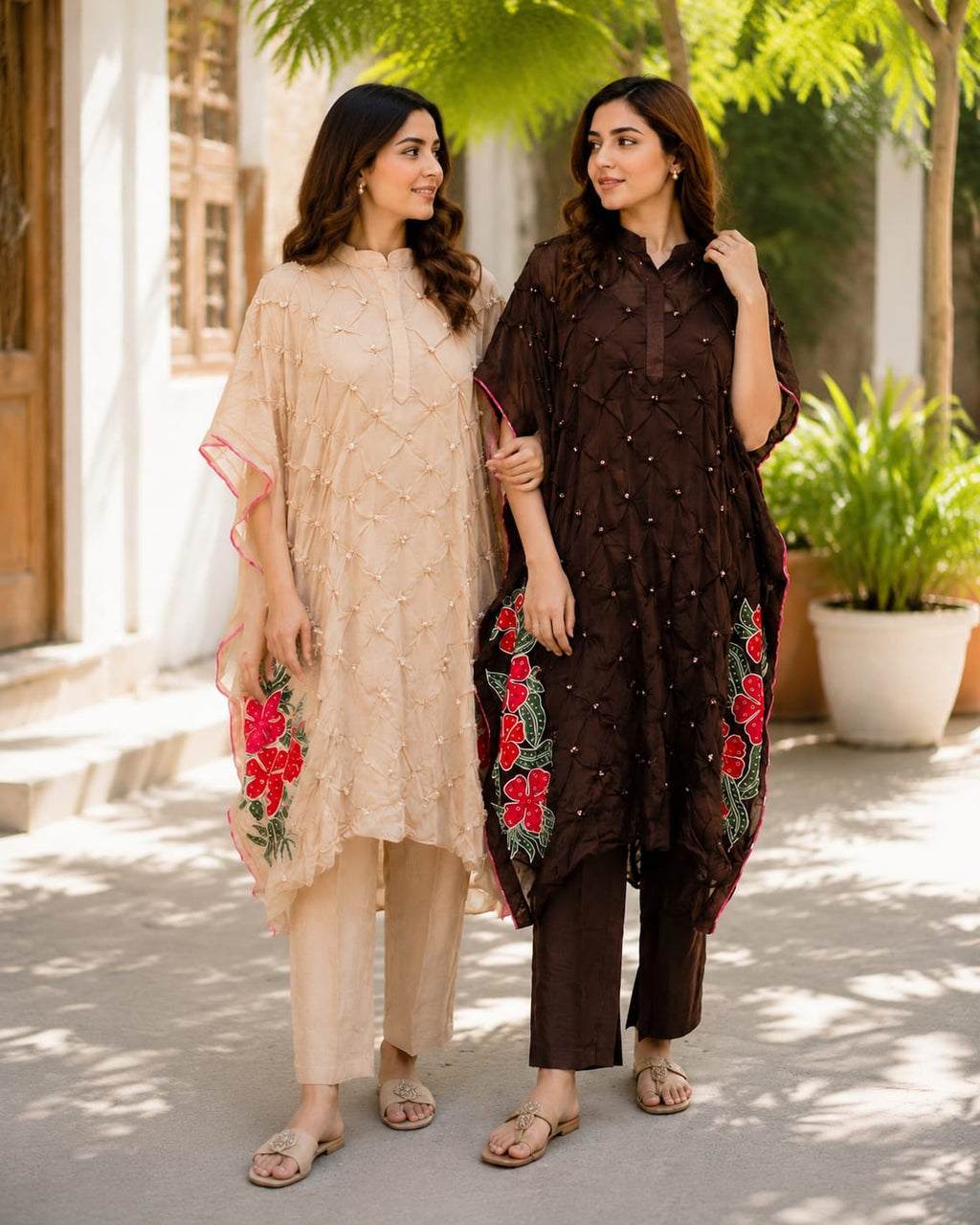 Pin-tucks Hand-Embellished Textured Floral Embroidery Kaftan Style Indo-Wear With Matching Bottom- 15538