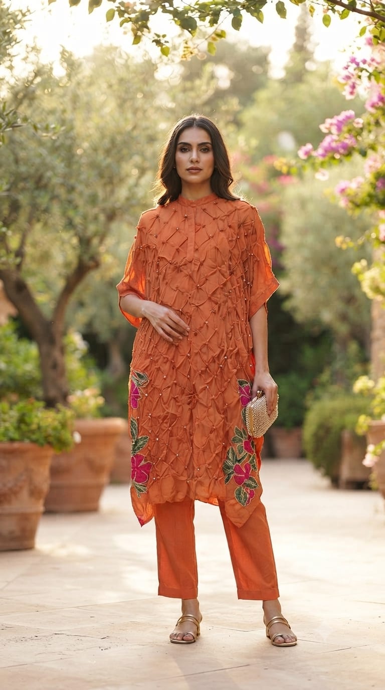 Pin-tucks Hand-Embellished Textured Floral Embroidery Kaftan Style Indo-Wear With Matching Bottom- 15538