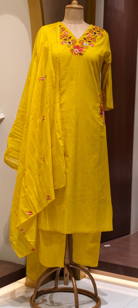 Solid A-Line Full Suit Set With Multicolor Contrasted Floral Embroidery Over Neckline- 15667