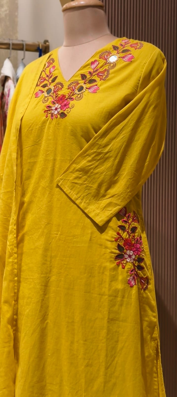 Solid A-Line Full Suit Set With Multicolor Contrasted Floral Embroidery Over Neckline- 15667