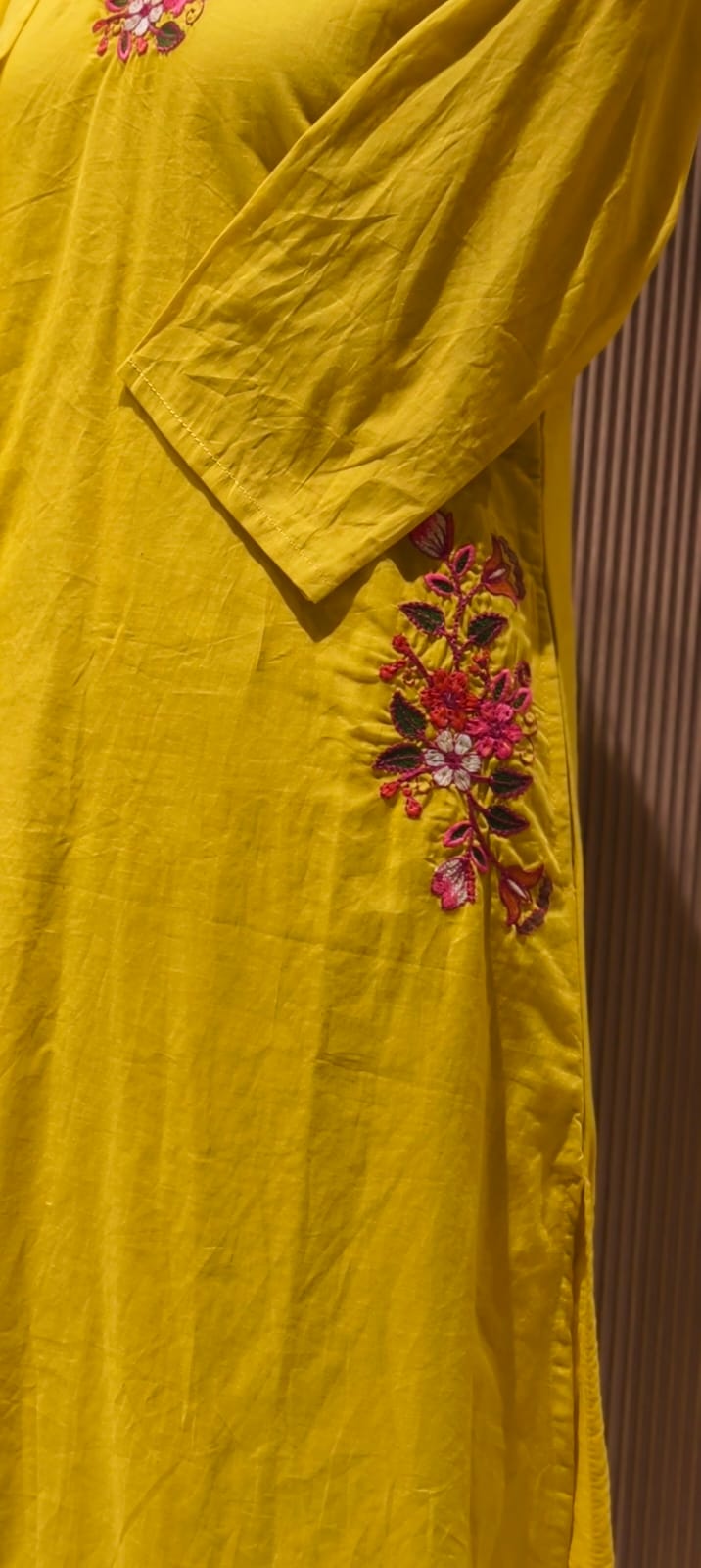 Solid A-Line Full Suit Set With Multicolor Contrasted Floral Embroidery Over Neckline- 15667
