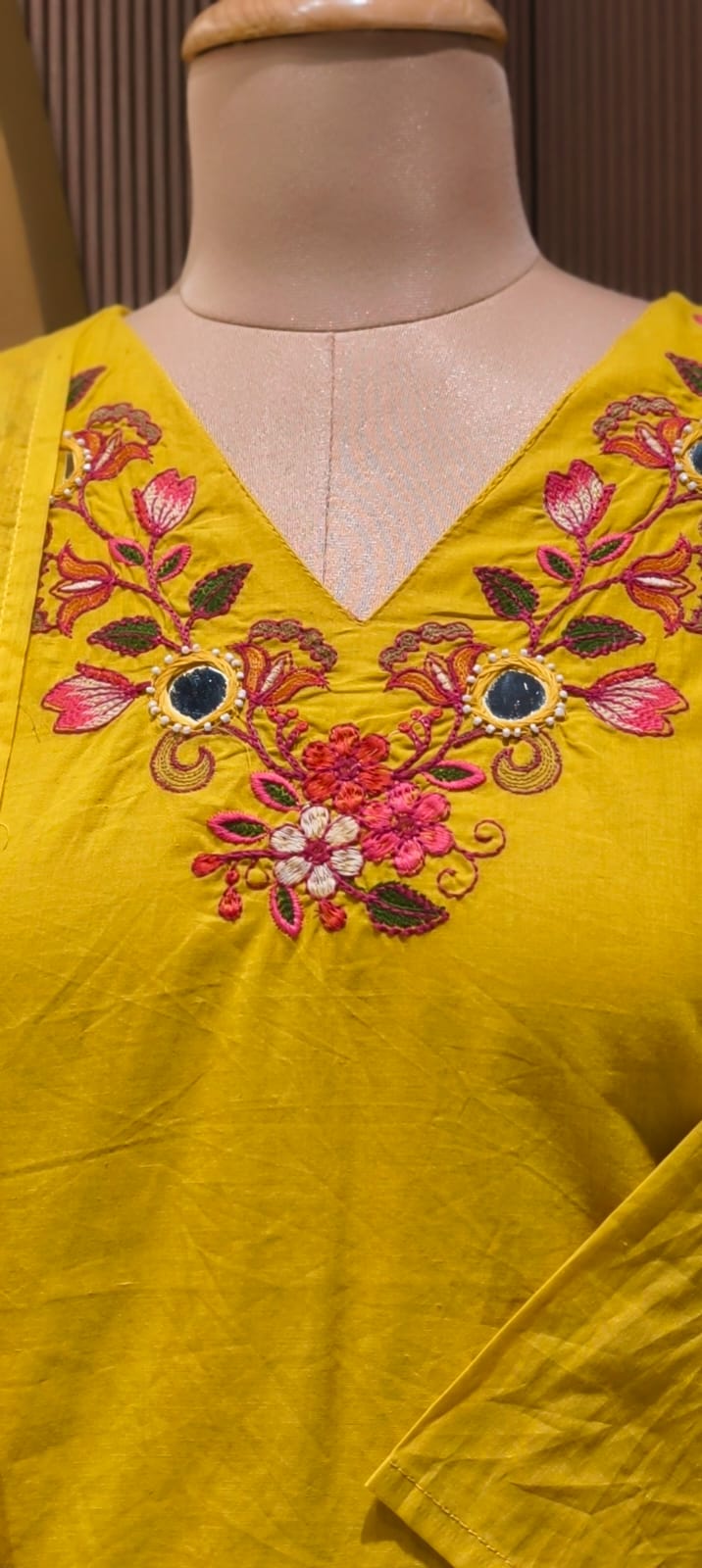Solid A-Line Full Suit Set With Multicolor Contrasted Floral Embroidery Over Neckline- 15667