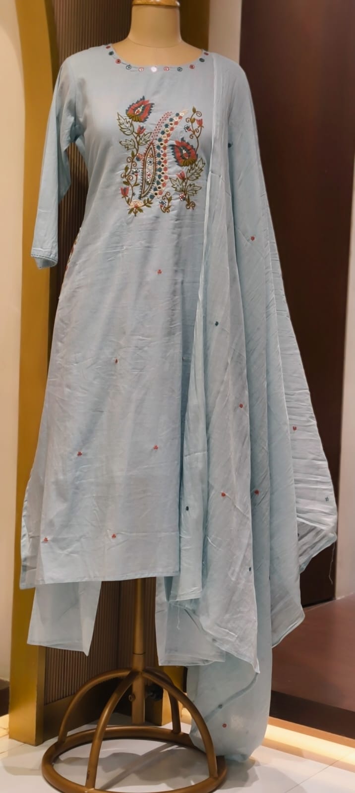 Contrasted Mossaic Floral Embroidery With Foil Mirror Touch Sili Cotton A-Line Full Suit Set With Dupatta- 15671