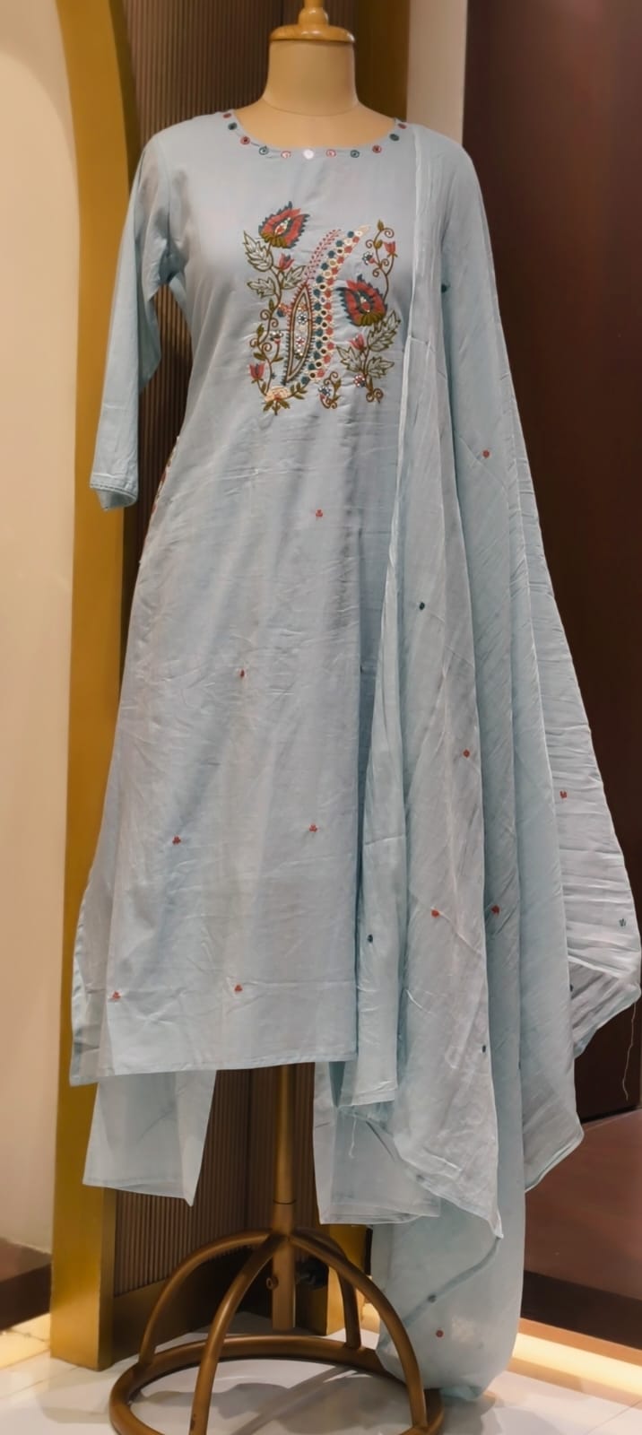 Contrasted Mossaic Floral Embroidery With Foil Mirror Touch Sili Cotton A-Line Full Suit Set With Dupatta- 15671