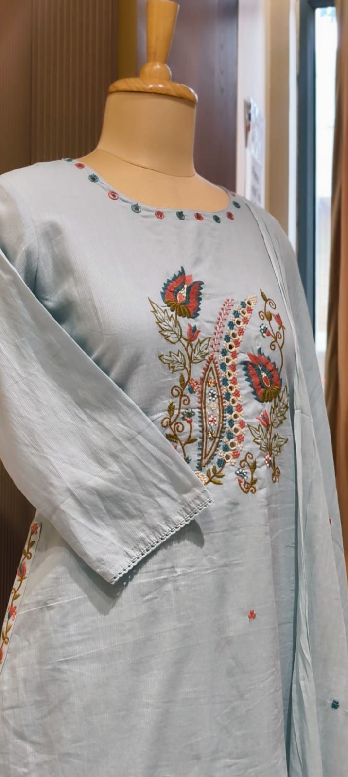 Contrasted Mossaic Floral Embroidery With Foil Mirror Touch Sili Cotton A-Line Full Suit Set With Dupatta- 15671