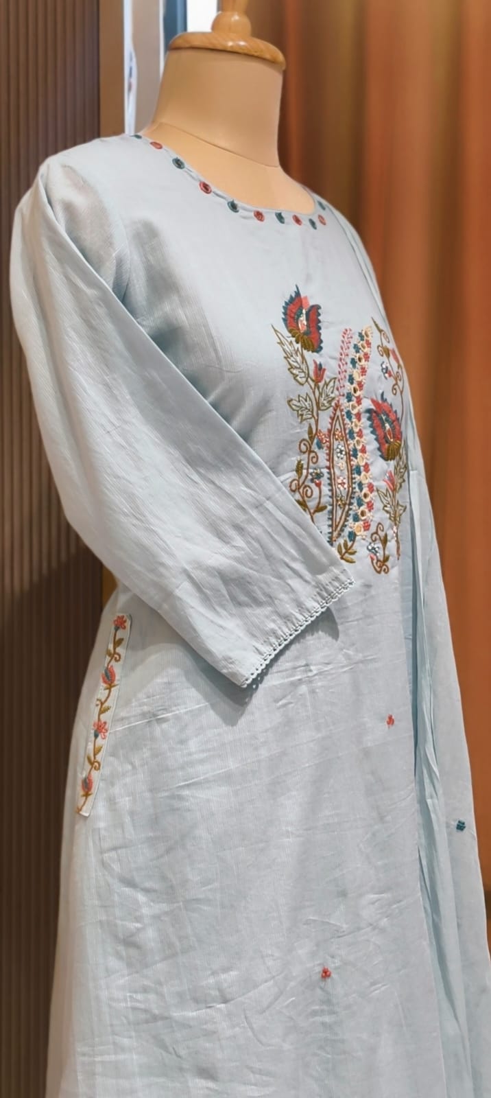 Contrasted Mossaic Floral Embroidery With Foil Mirror Touch Sili Cotton A-Line Full Suit Set With Dupatta- 15671