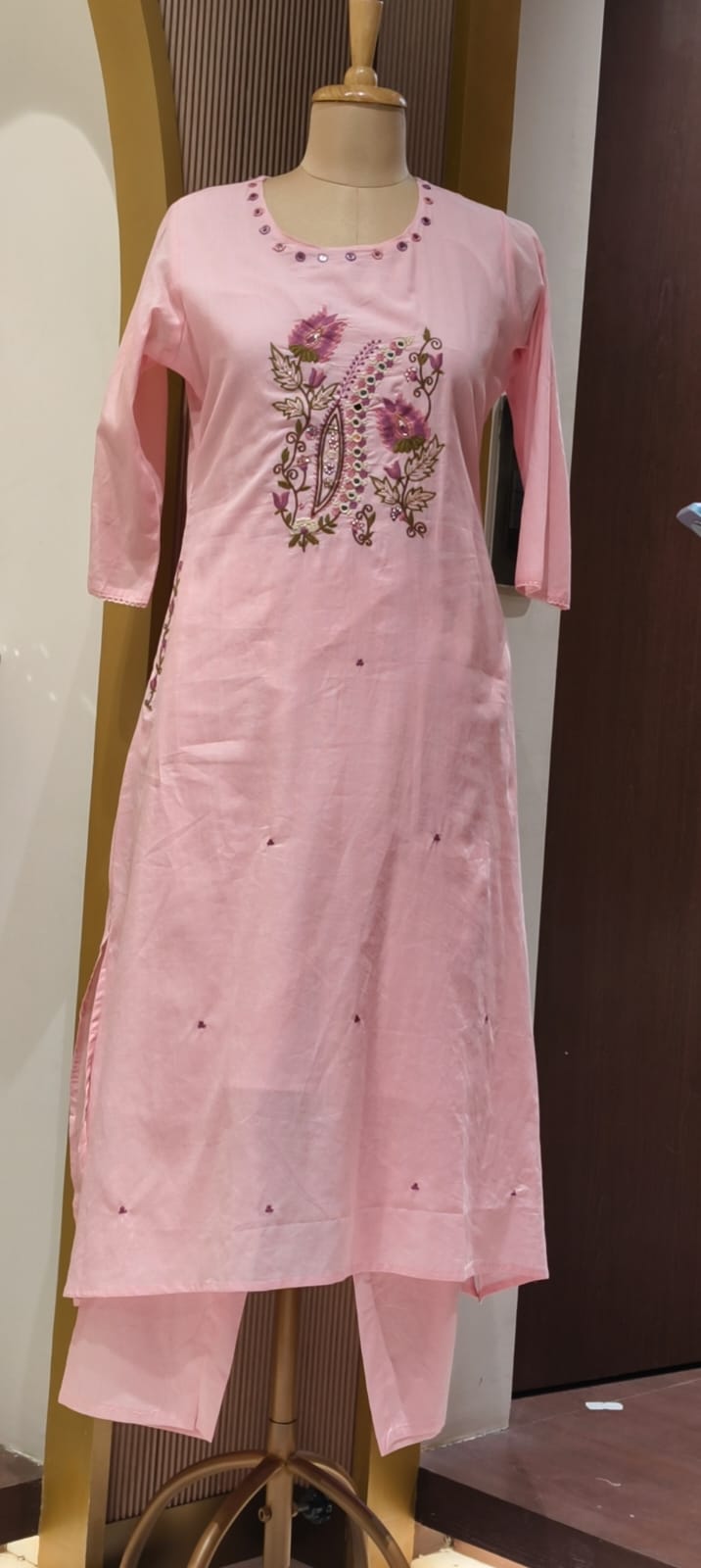 Contrasted Mossaic Floral Embroidery With Foil Mirror Touch Sili Cotton A-Line Full Suit Set With Dupatta- 15671