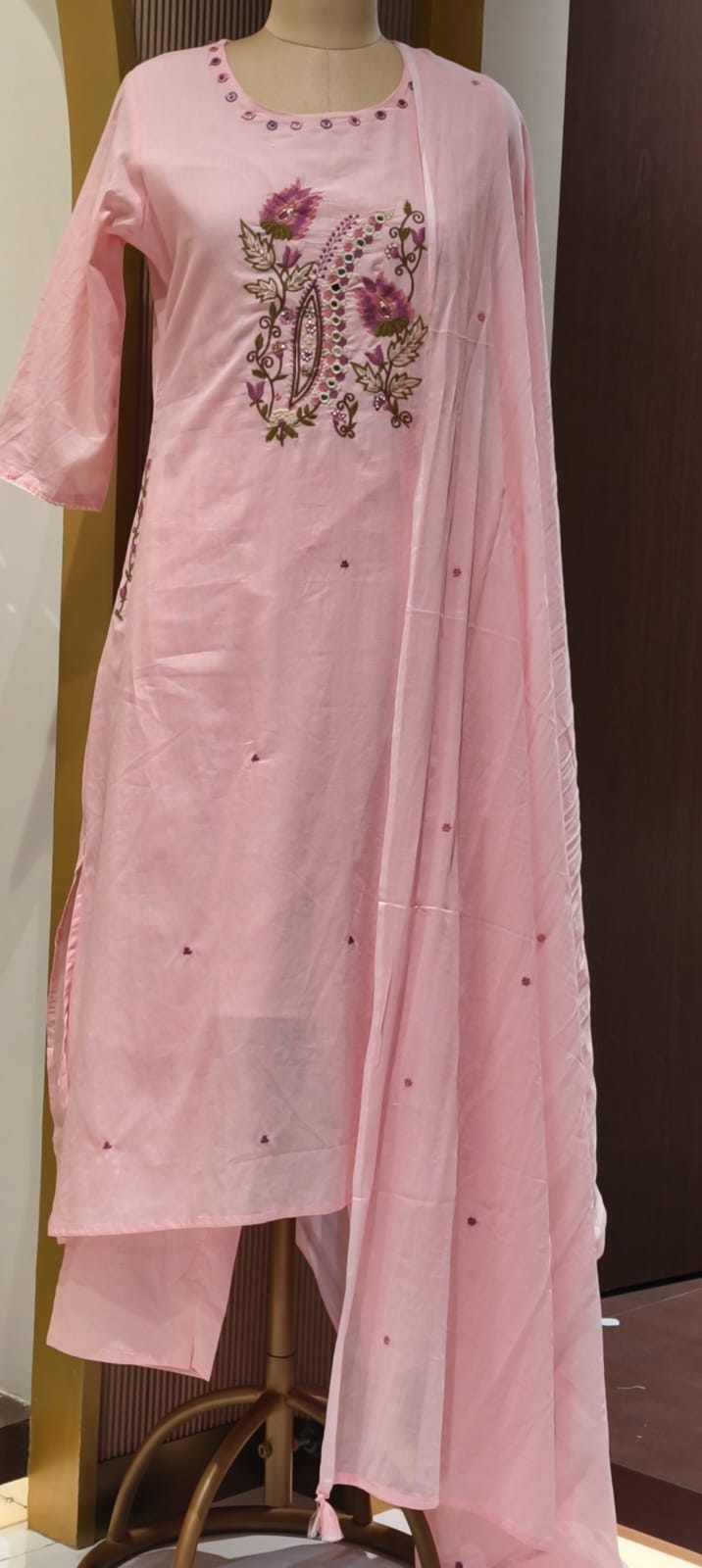 Contrasted Mossaic Floral Embroidery With Foil Mirror Touch Sili Cotton A-Line Full Suit Set With Dupatta- 15671