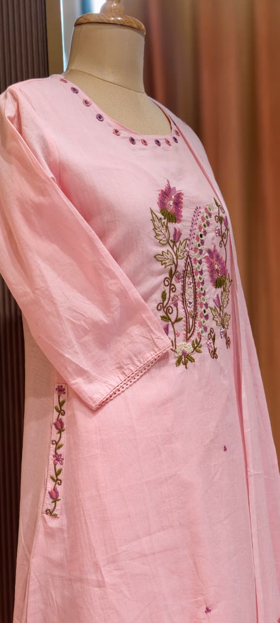 Contrasted Mossaic Floral Embroidery With Foil Mirror Touch Sili Cotton A-Line Full Suit Set With Dupatta- 15671