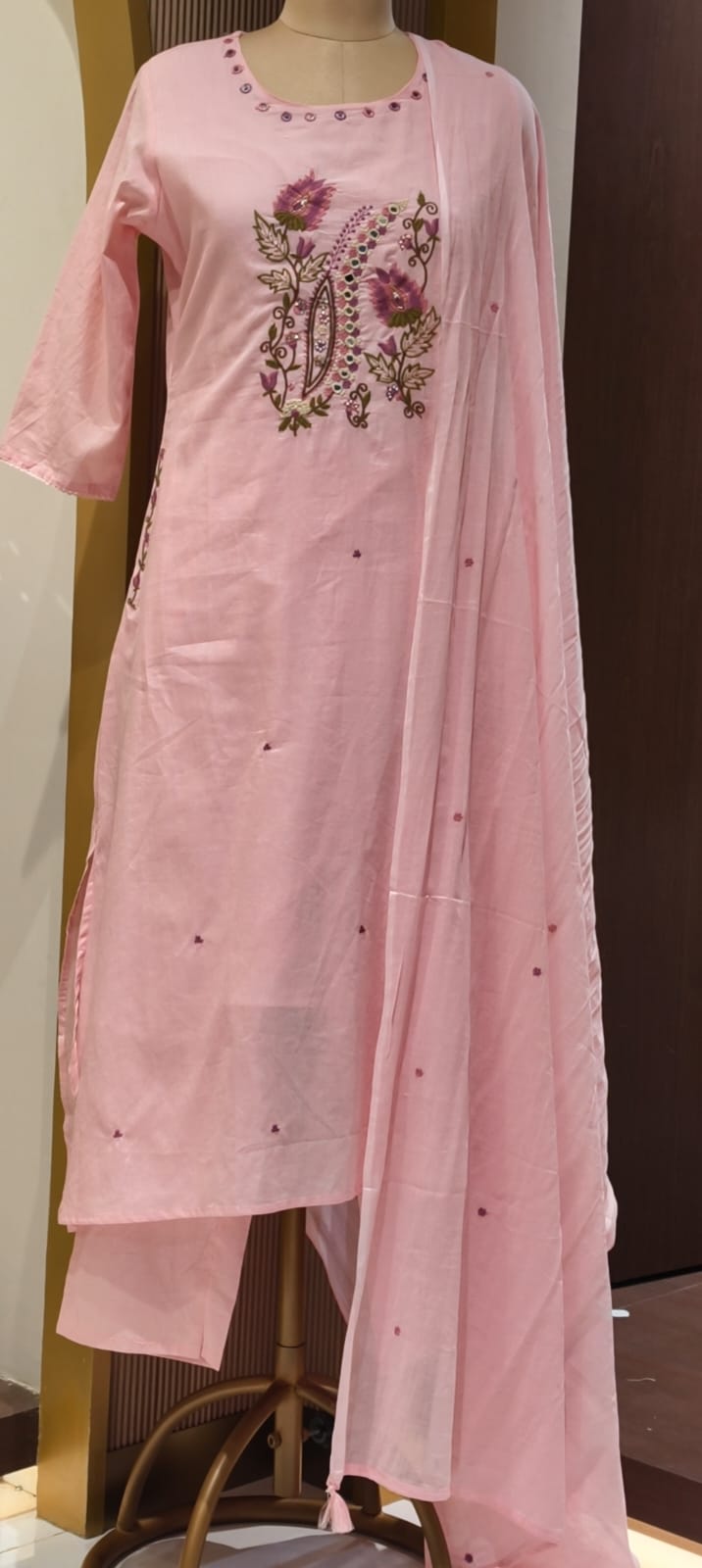Contrasted Mossaic Floral Embroidery With Foil Mirror Touch Sili Cotton A-Line Full Suit Set With Dupatta- 15671