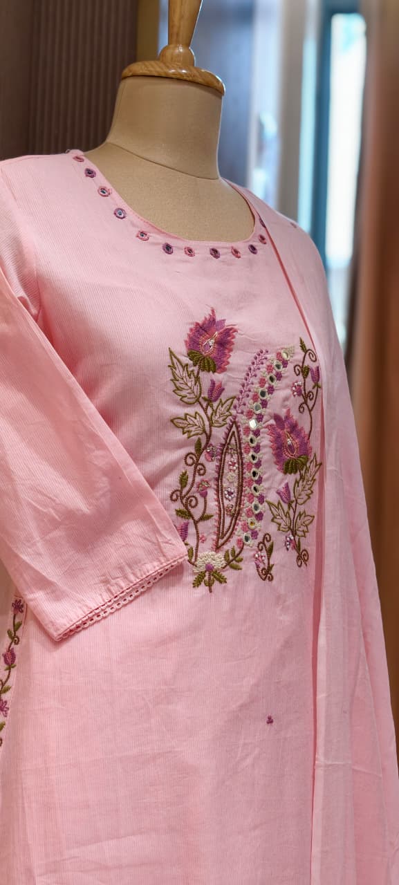Contrasted Mossaic Floral Embroidery With Foil Mirror Touch Sili Cotton A-Line Full Suit Set With Dupatta- 15671