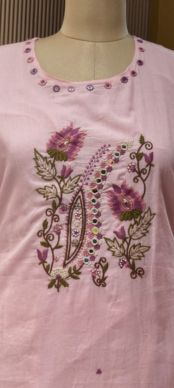 Contrasted Mossaic Floral Embroidery With Foil Mirror Touch Sili Cotton A-Line Full Suit Set With Dupatta- 15671