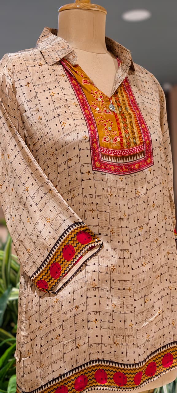 Abstract Highlighted Printed Collared Casual Wear Crepe Shirt- 15634