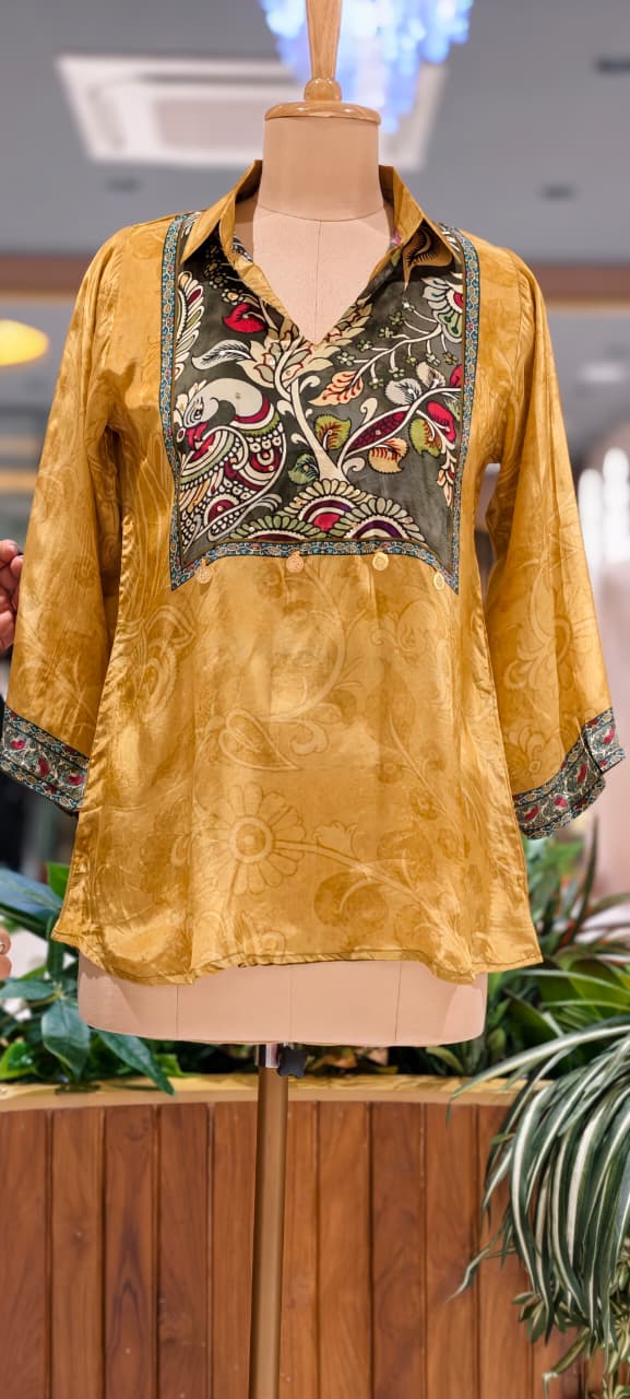 Artisnal Peacock Printed Yoke Tasseled Flowy Crepe Shirt- 14534
