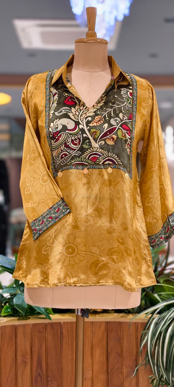 Artisnal Peacock Printed Yoke Tasseled Flowy Crepe Shirt- 14534