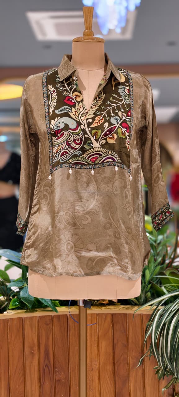 Artisnal Peacock Printed Yoke Tasseled Flowy Crepe Shirt- 14534