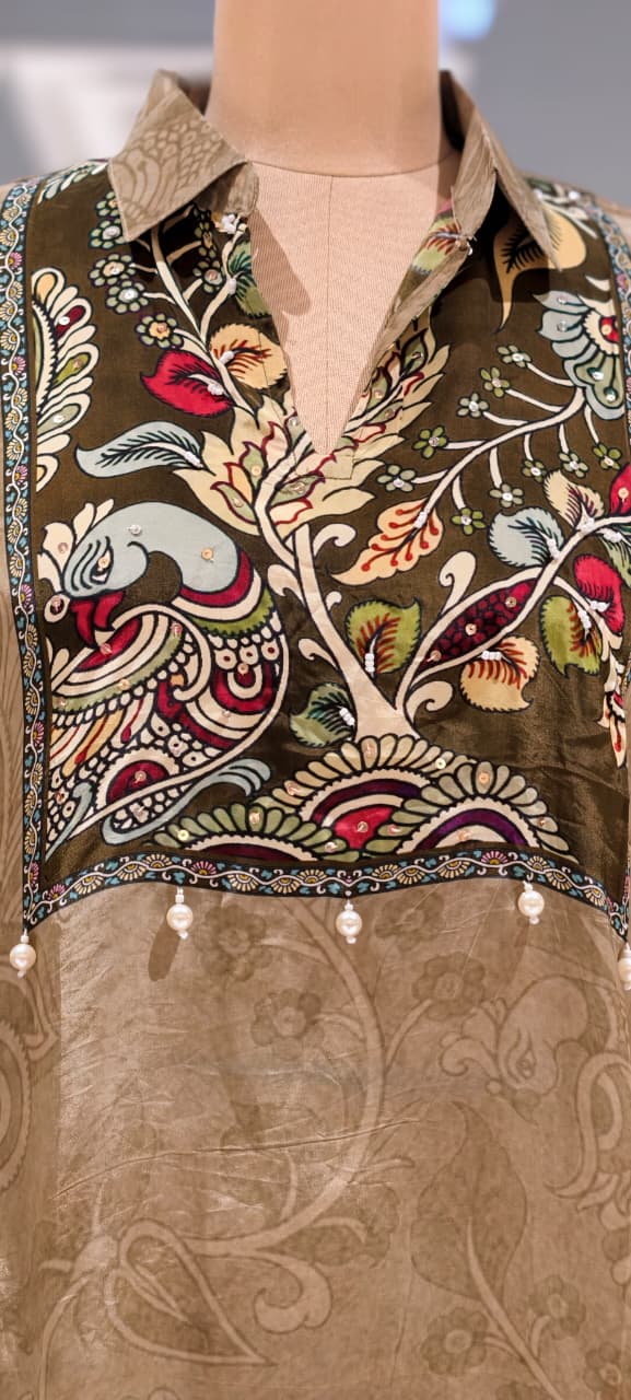 Artisnal Peacock Printed Yoke Tasseled Flowy Crepe Shirt- 14534