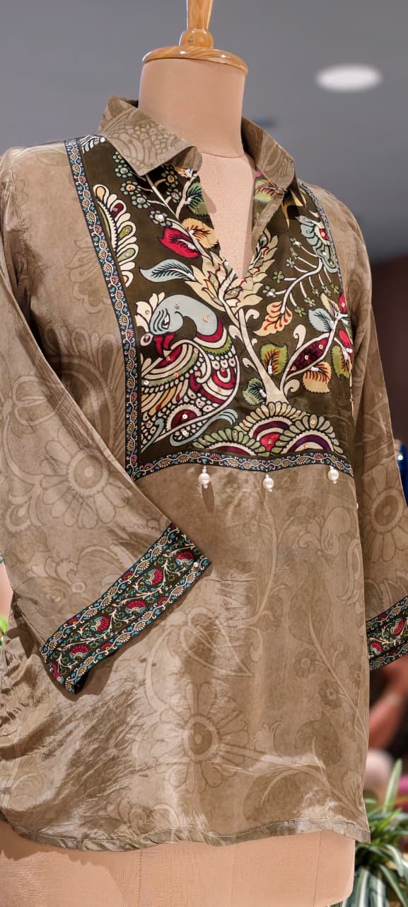 Artisnal Peacock Printed Yoke Tasseled Flowy Crepe Shirt- 14534