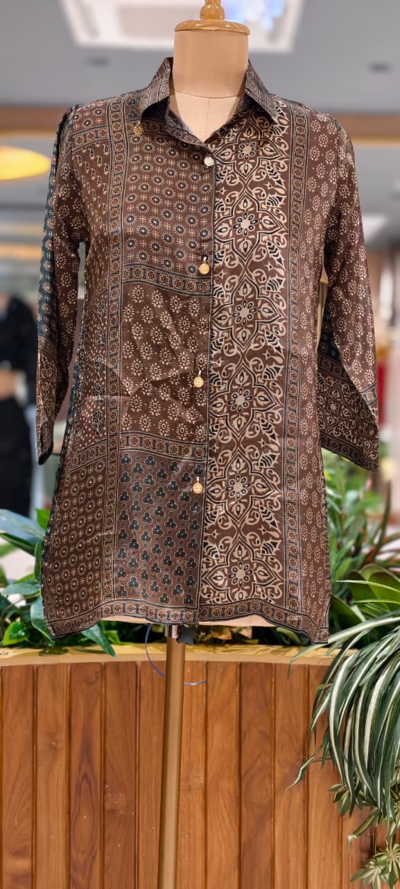 Tiny Floral Block Prints Coin Tassel Flowy Casual Crepe Shirt- 15634
