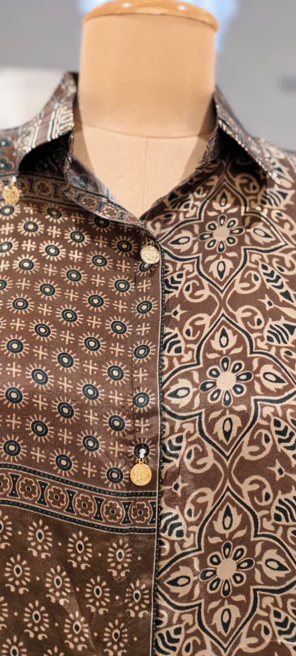 Tiny Floral Block Prints Coin Tassel Flowy Casual Crepe Shirt- 15634