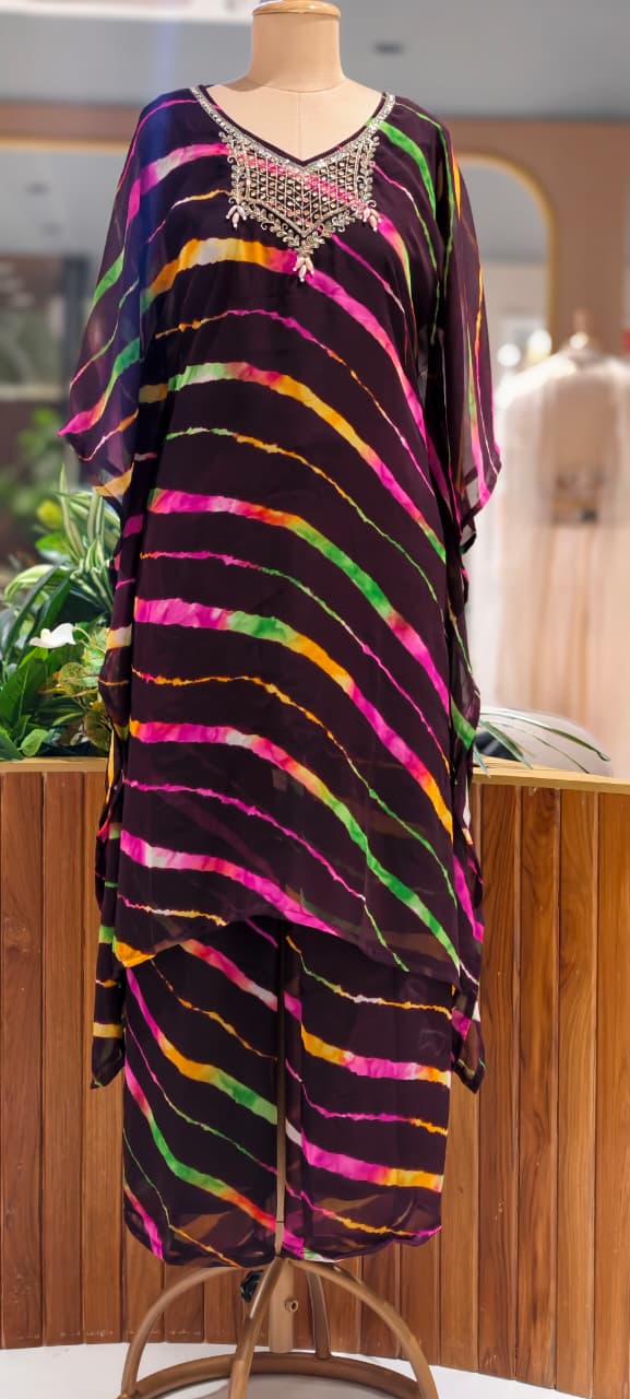 Multicolor Toned Lehriya Print Gotta Yoke Semi Georgette Kaftan With Bottom- 15701