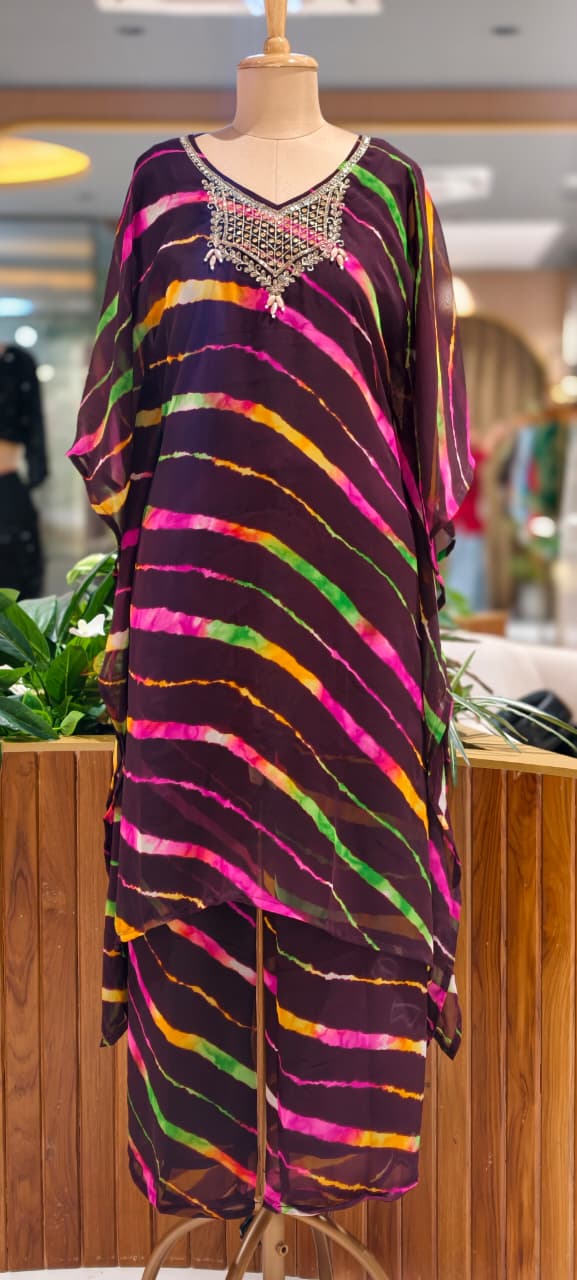 Multicolor Toned Lehriya Print Gotta Yoke Semi Georgette Kaftan With Bottom- 15701