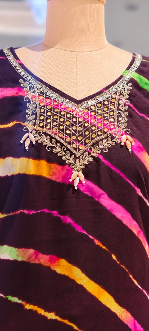 Multicolor Toned Lehriya Print Gotta Yoke Semi Georgette Kaftan With Bottom- 15701