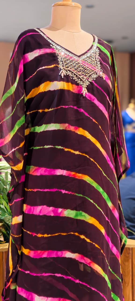 Multicolor Toned Lehriya Print Gotta Yoke Semi Georgette Kaftan With Bottom- 15701