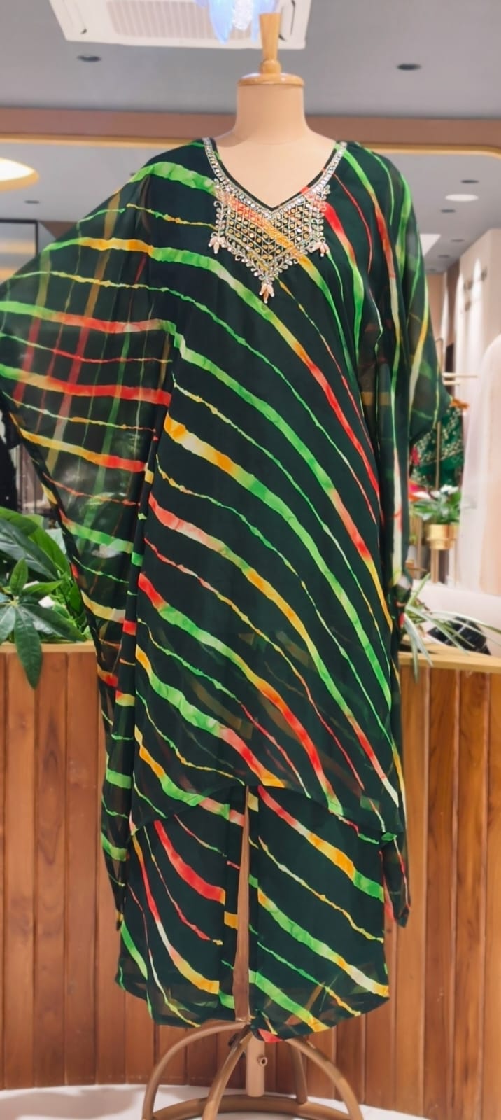 Multicolor Toned Lehriya Print Gotta Yoke Semi Georgette Kaftan With Bottom- 15701