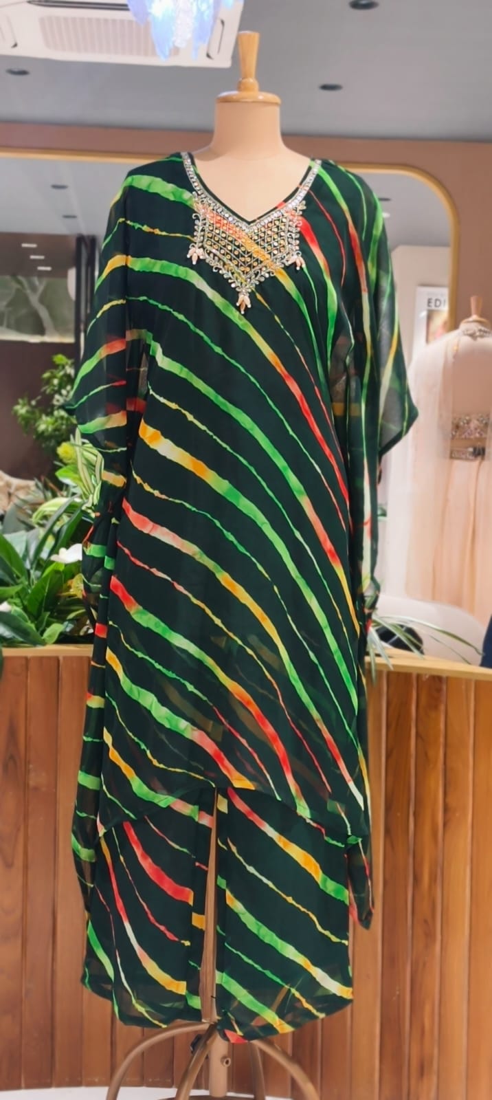 Multicolor Toned Lehriya Print Gotta Yoke Semi Georgette Kaftan With Bottom- 15701