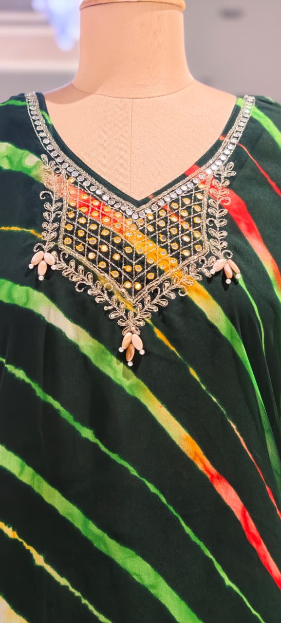 Multicolor Toned Lehriya Print Gotta Yoke Semi Georgette Kaftan With Bottom- 15701