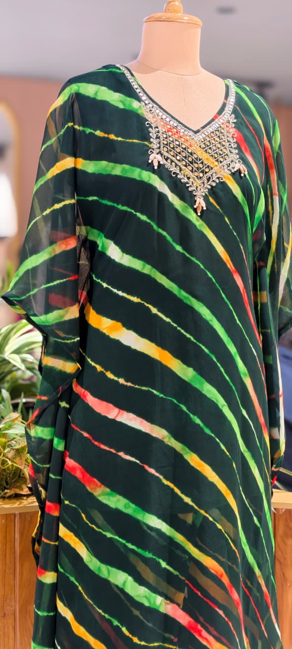 Multicolor Toned Lehriya Print Gotta Yoke Semi Georgette Kaftan With Bottom- 15701