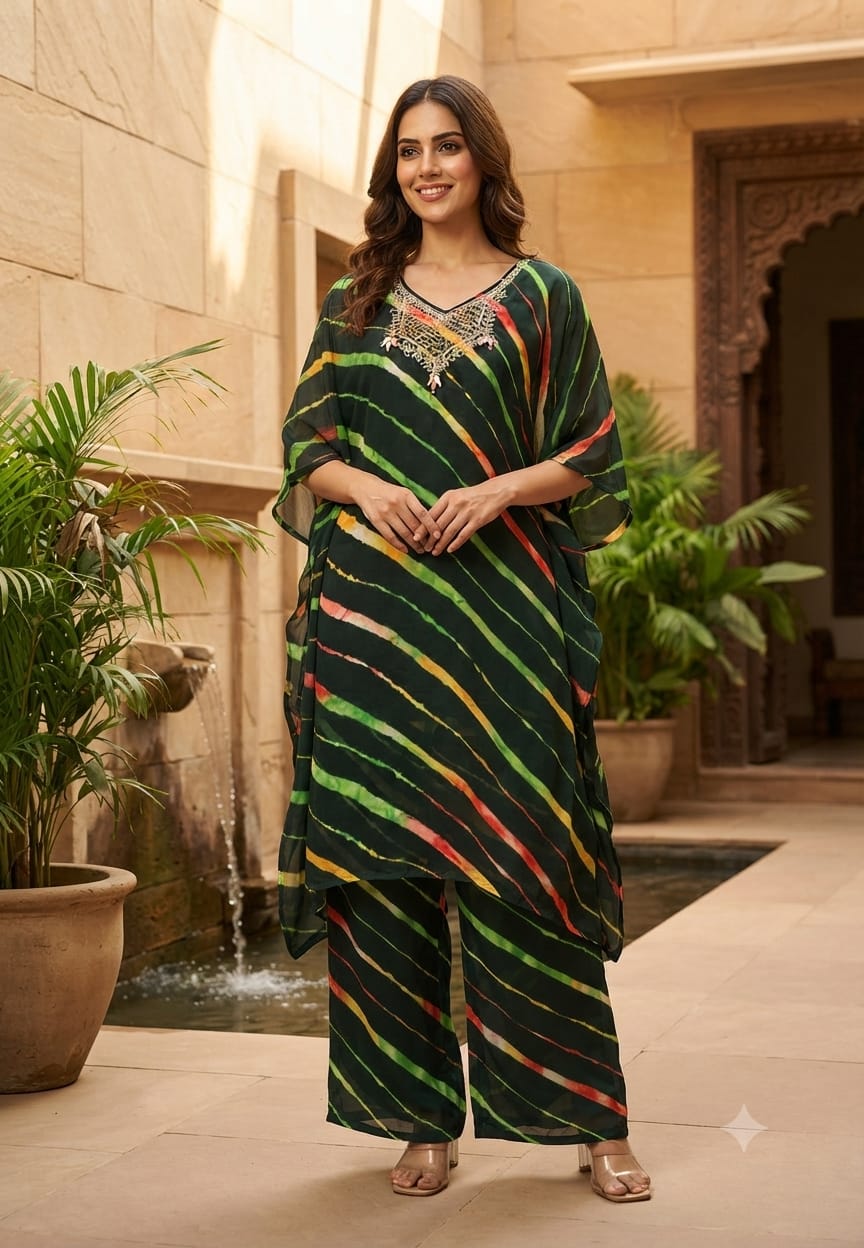 Multicolor Toned Lehriya Print Gotta Yoke Semi Georgette Kaftan With Bottom- 15701