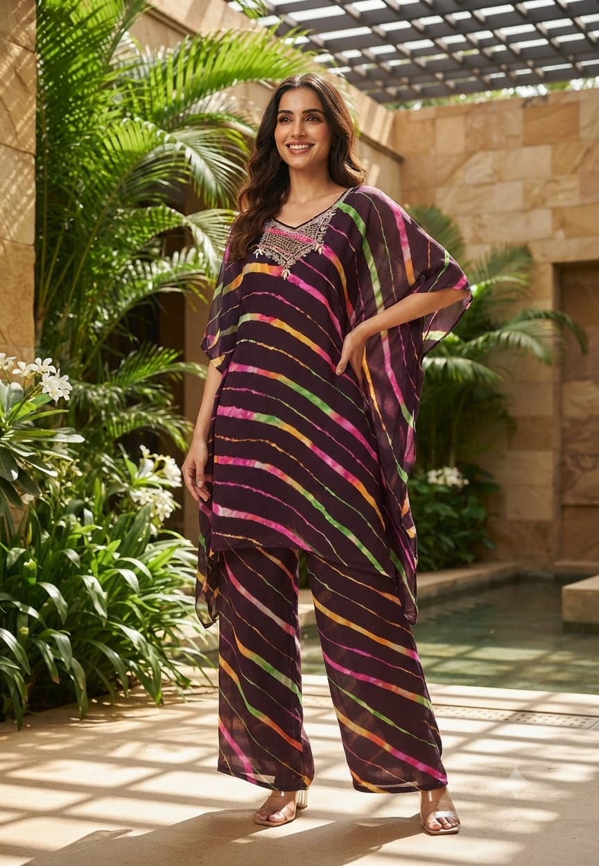 Multicolor Toned Lehriya Print Gotta Yoke Semi Georgette Kaftan With Bottom- 15701