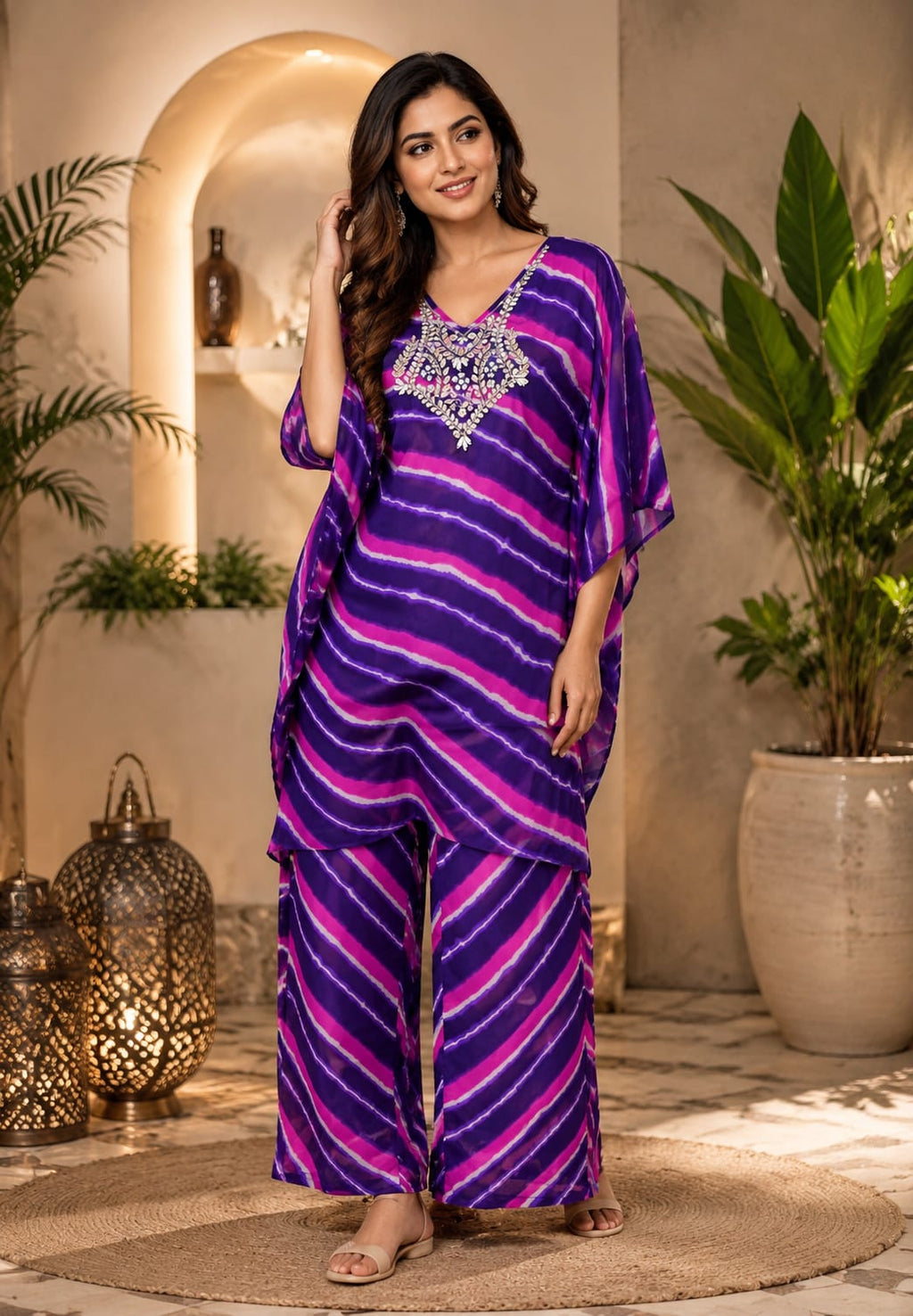 Vibrant Lehriya Print Elegant Gotta Yoke Georgette Kaftan With Bottom- 15701
