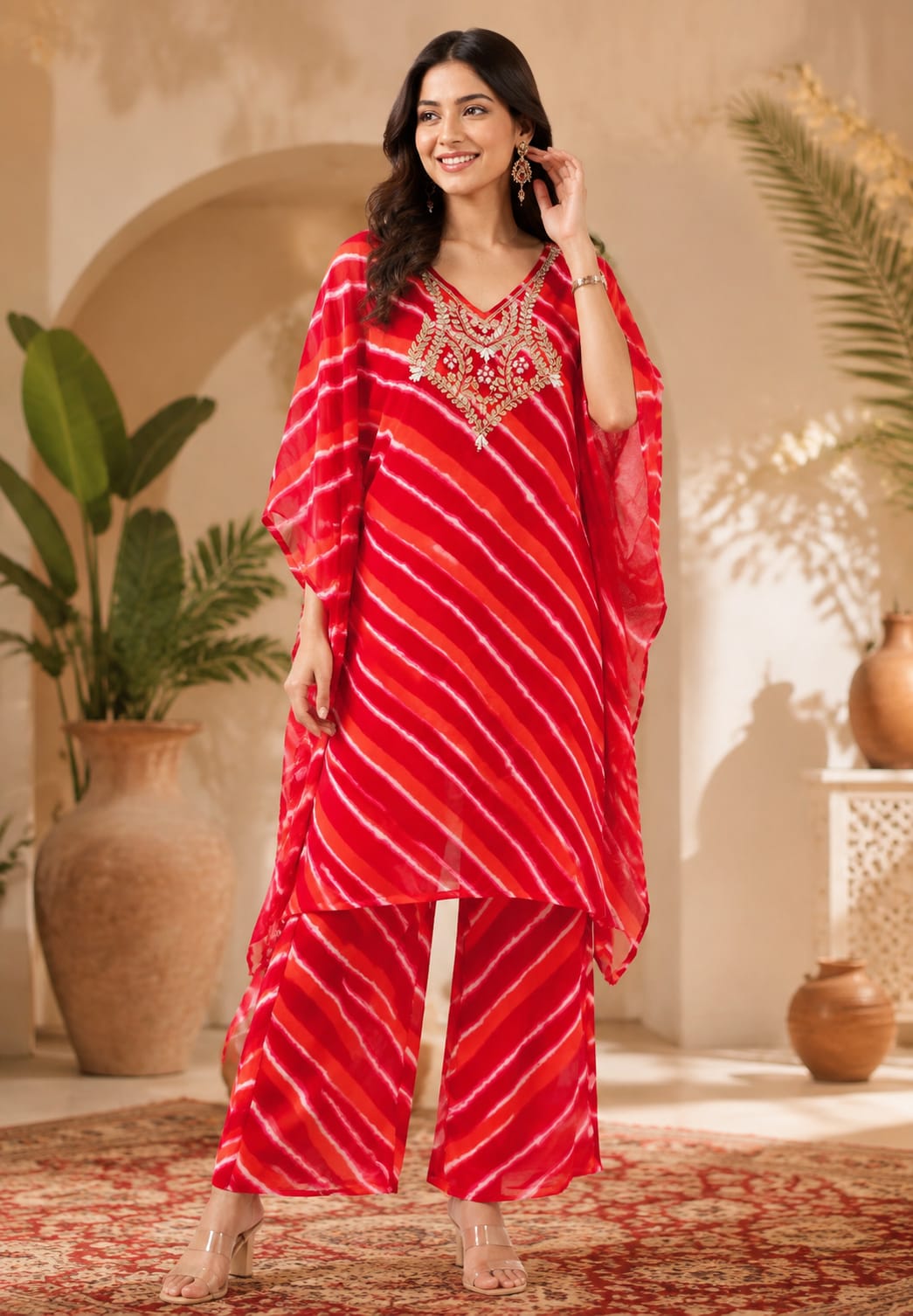 Vibrant Lehriya Print Elegant Gotta Yoke Georgette Kaftan With Bottom- 15701