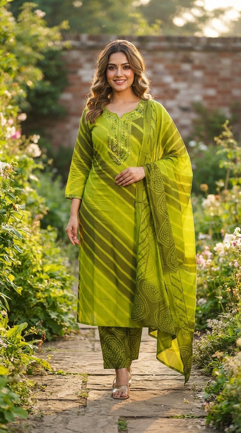 Lehriya Inspired Comfort Fit Floral Embroidery Yoke Cotton Full Suit Set With Dupatta