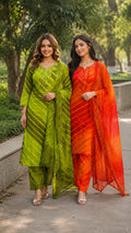 Lehriya Inspired Comfort Fit Floral Embroidery Yoke Cotton Full Suit Set With Dupatta