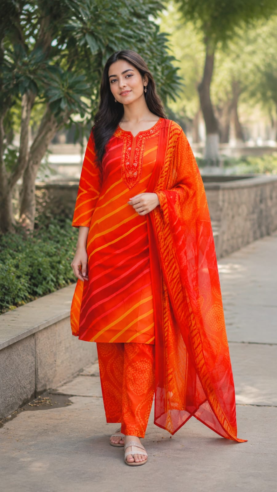 Lehriya Inspired Comfort Fit Floral Embroidery Yoke Cotton Full Suit Set With Dupatta
