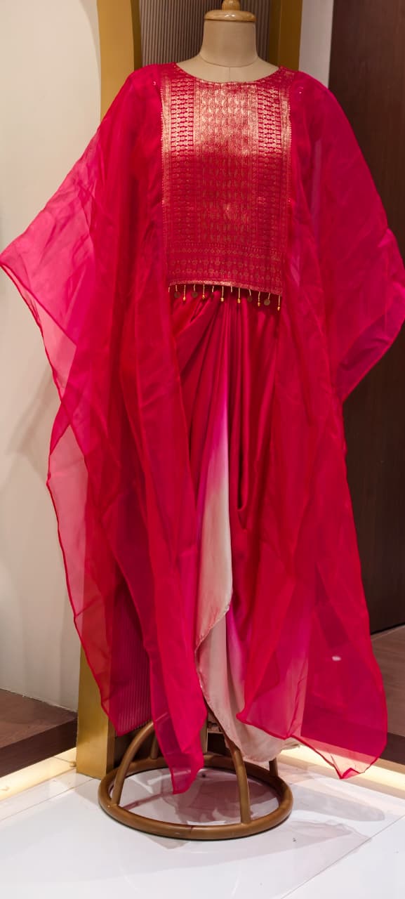 Fuchsia & Purple Ombre Draped Indo-Western Kaftan Set with Gold Brocade Tassel Yoke- 15544