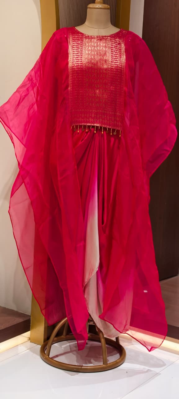 Fuchsia & Purple Ombre Draped Indo-Western Kaftan Set with Gold Brocade Tassel Yoke- 15544