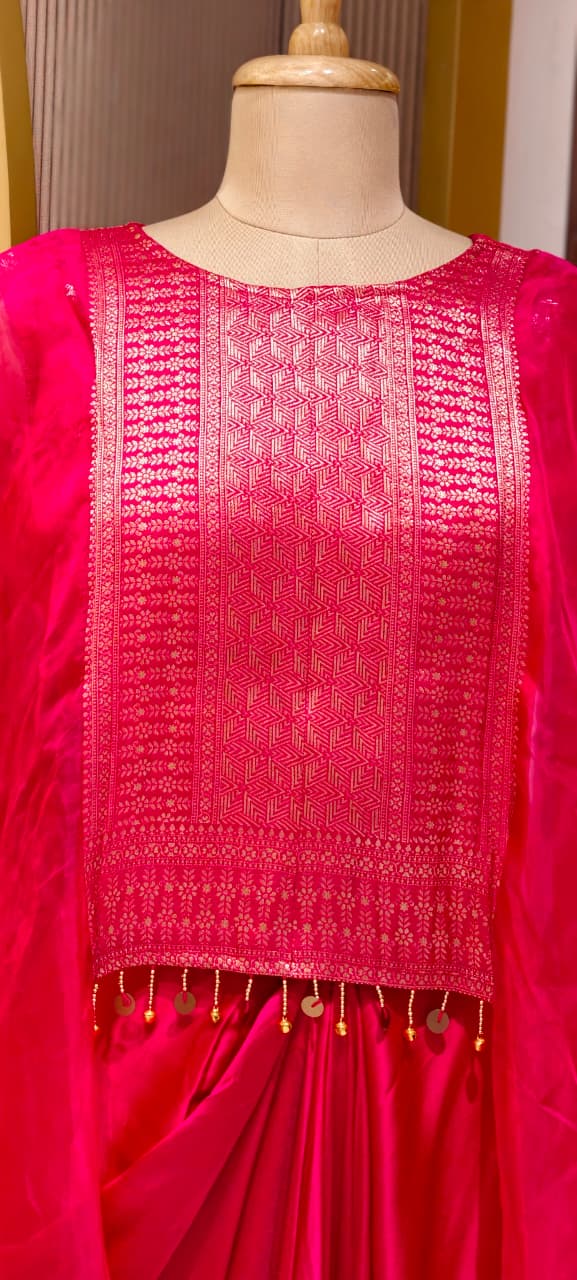 Fuchsia & Purple Ombre Draped Indo-Western Kaftan Set with Gold Brocade Tassel Yoke- 15544